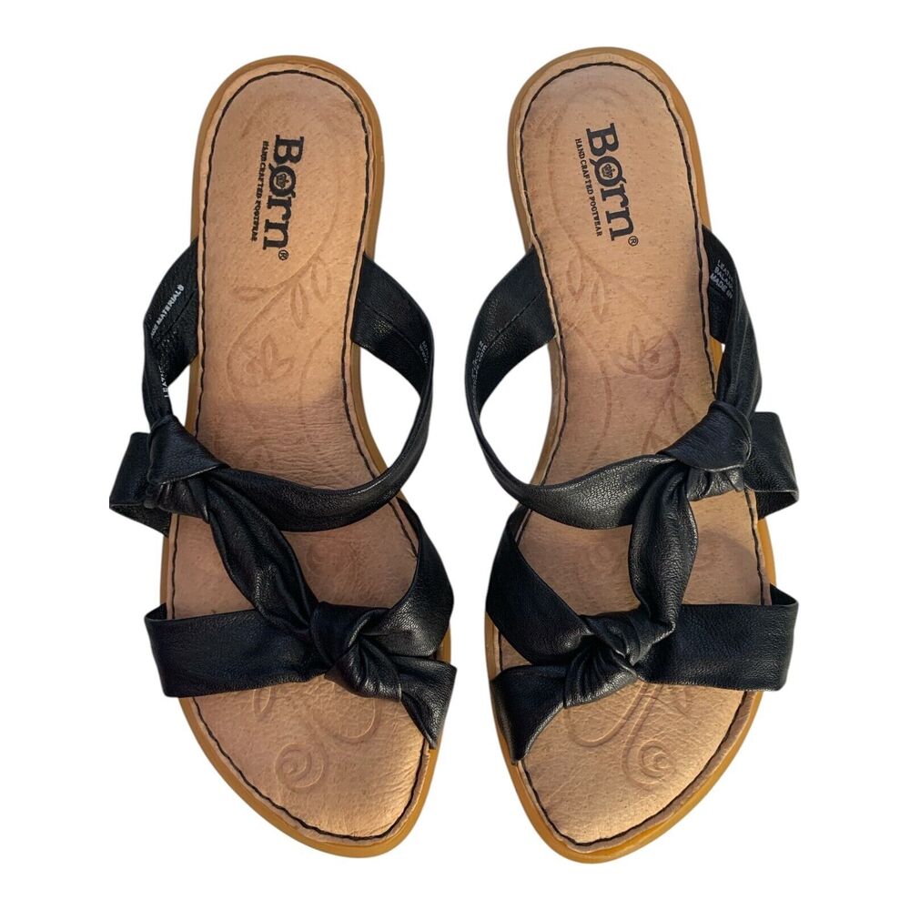 Born Sandals Shoes Womens SIZE 6 Black Leather Slip On Slides Open Toe Flats